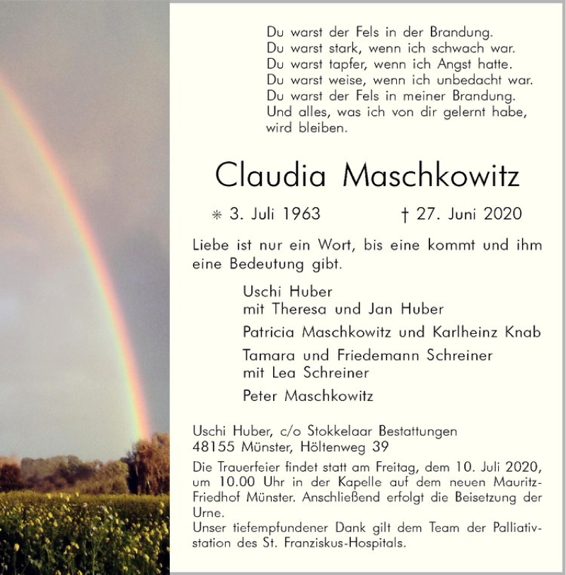  Traueranzeige für Claudia Maschkowitz vom 04.07.2020 aus Westfälische Nachrichten