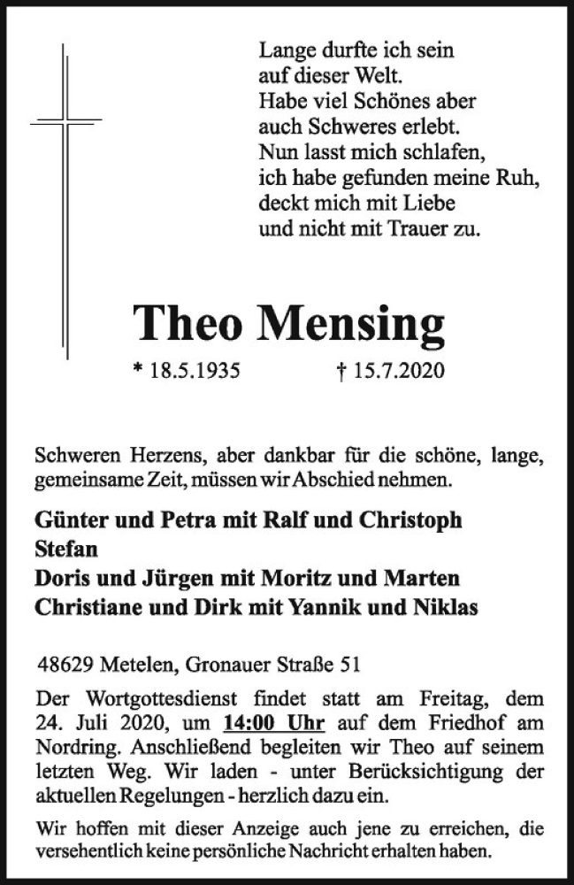  Traueranzeige für Theo Mensing vom 21.07.2020 aus Westfälische Nachrichten