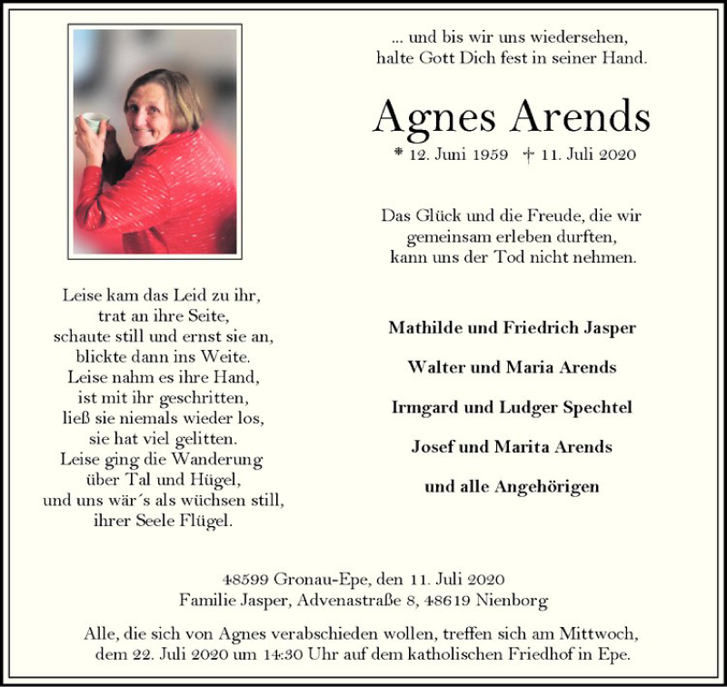  Traueranzeige für Agnes Arends vom 18.07.2020 aus Westfälische Nachrichten