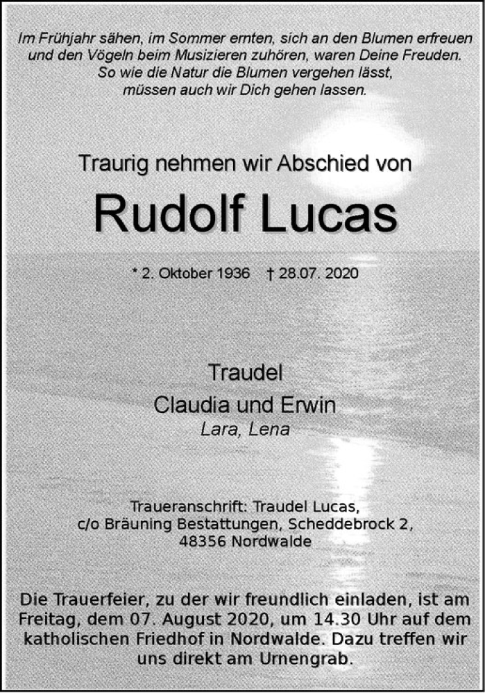  Traueranzeige für Rudolf Lucas vom 31.07.2020 aus Westfälische Nachrichten
