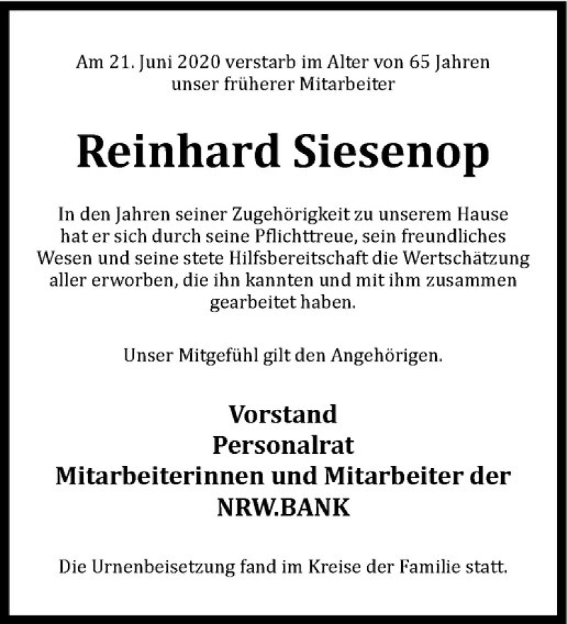  Traueranzeige für Reinhard Siesenop vom 03.07.2020 aus Westfälische Nachrichten
