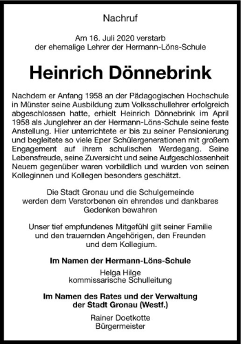 Anzeige von Heinrich Dönnebrink von Westfälische Nachrichten