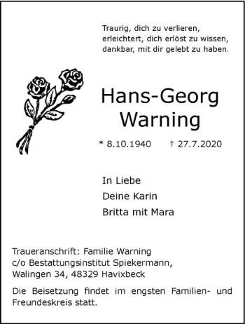 Anzeige von Hans-Georg Warning von Westfälische Nachrichten
