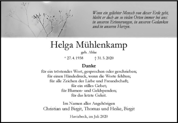 Anzeige von Helga Mühlenkamp von Westfälische Nachrichten