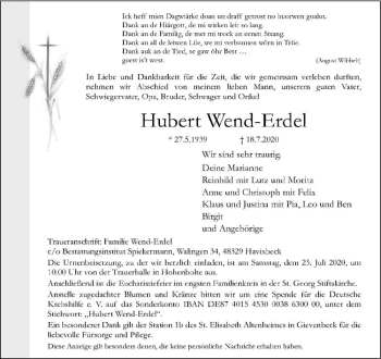 Anzeige von Hubert Wend-Erdel von Westfälische Nachrichten