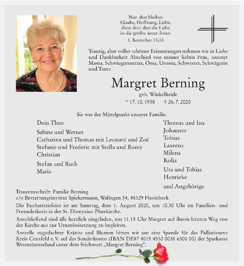  Traueranzeige für Margret Berning vom 29.07.2020 aus Westfälische Nachrichten