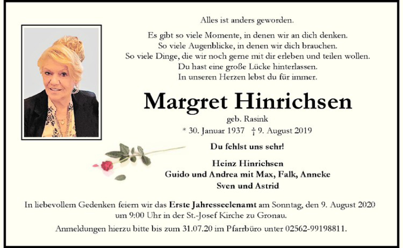  Traueranzeige für Margret Hinrichsen vom 25.07.2020 aus Westfälische Nachrichten