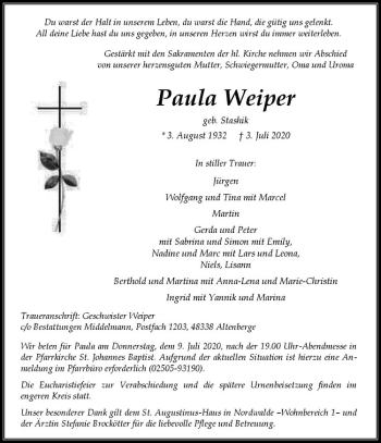 Anzeige von Paula Weißer von Westfälische Nachrichten