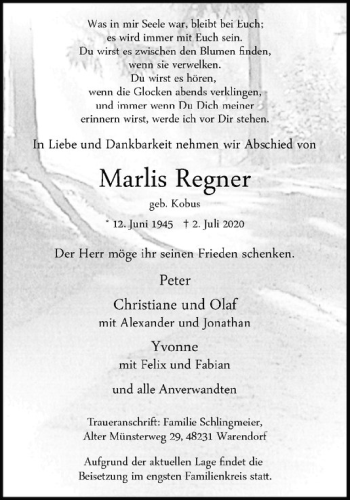 Anzeige von Marlis Regner von Westfälische Nachrichten