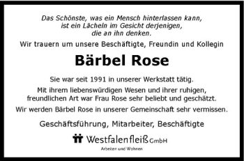 Anzeige von Bärbel Rose von Westfälische Nachrichten