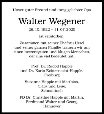 Anzeige von Walter Wegener von Westfälische Nachrichten