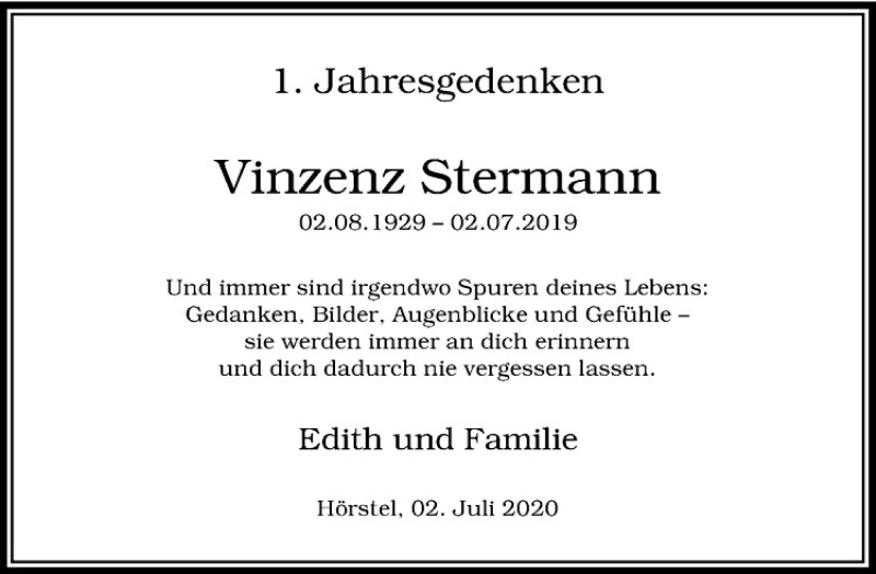  Traueranzeige für Vinzenz Stermann vom 02.07.2020 aus Westfälische Nachrichten