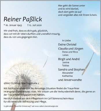 Anzeige von Reiner Paßlick von Westfälische Nachrichten