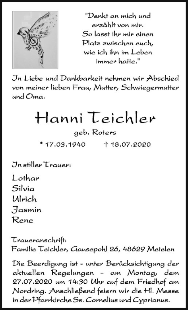  Traueranzeige für Hanni Teichler vom 23.07.2020 aus Westfälische Nachrichten