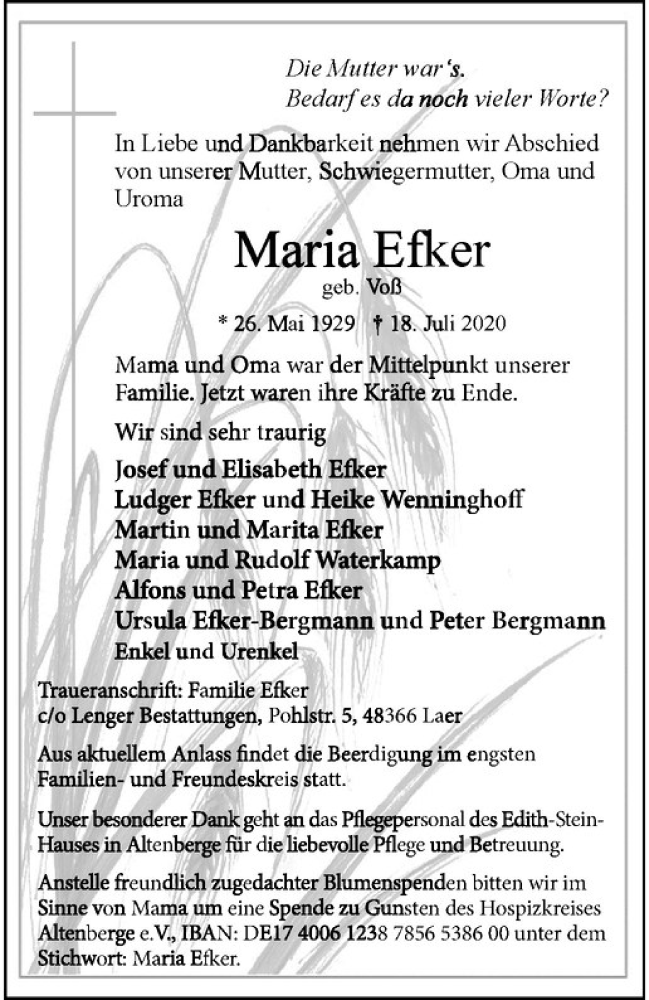  Traueranzeige für Maria Efker vom 22.07.2020 aus Westfälische Nachrichten