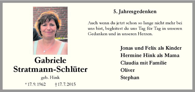  Traueranzeige für Gabriele Stratmann-Schlüter vom 17.07.2020 aus Westfälische Nachrichten