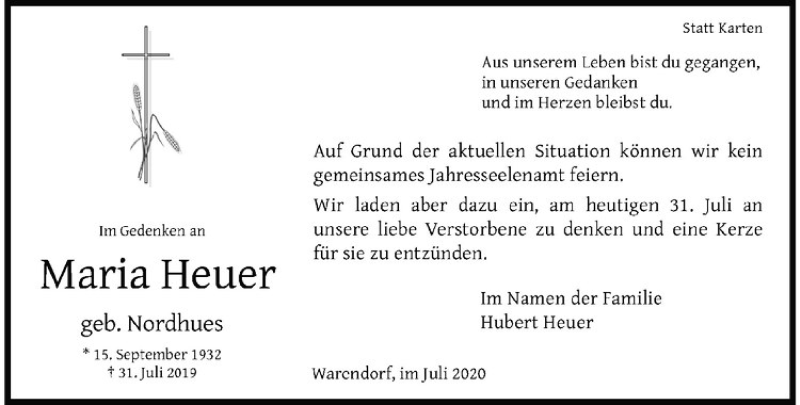  Traueranzeige für Maria Heuer vom 31.07.2020 aus Westfälische Nachrichten