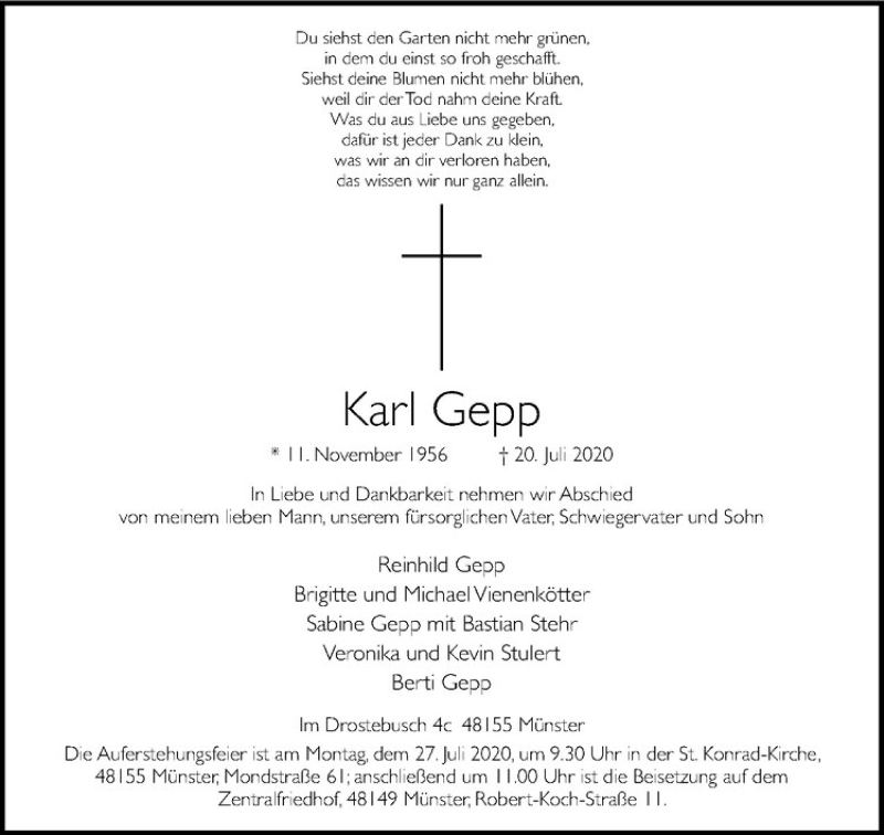  Traueranzeige für Karl Gepp vom 23.07.2020 aus Westfälische Nachrichten