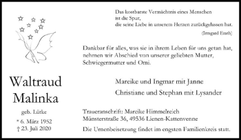 Anzeige von Waltraud Malinka von Westfälische Nachrichten