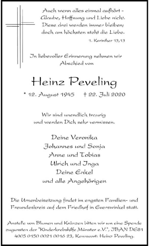  Traueranzeige für Heinz Peveling vom 25.07.2020 aus Westfälische Nachrichten
