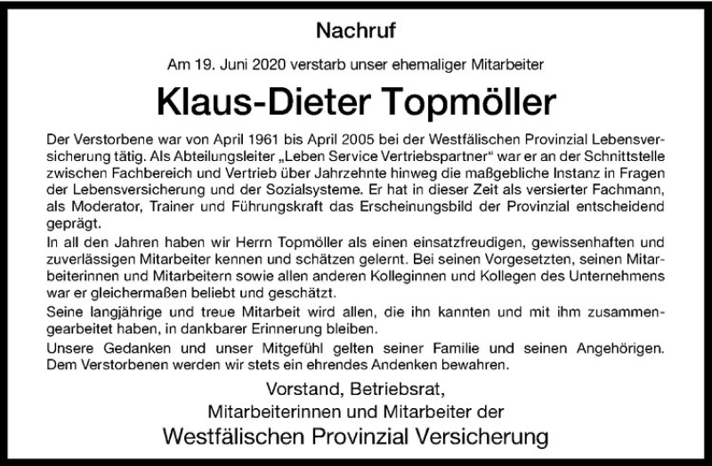  Traueranzeige für Klaus-Dieter Topmöller vom 03.07.2020 aus Westfälische Nachrichten