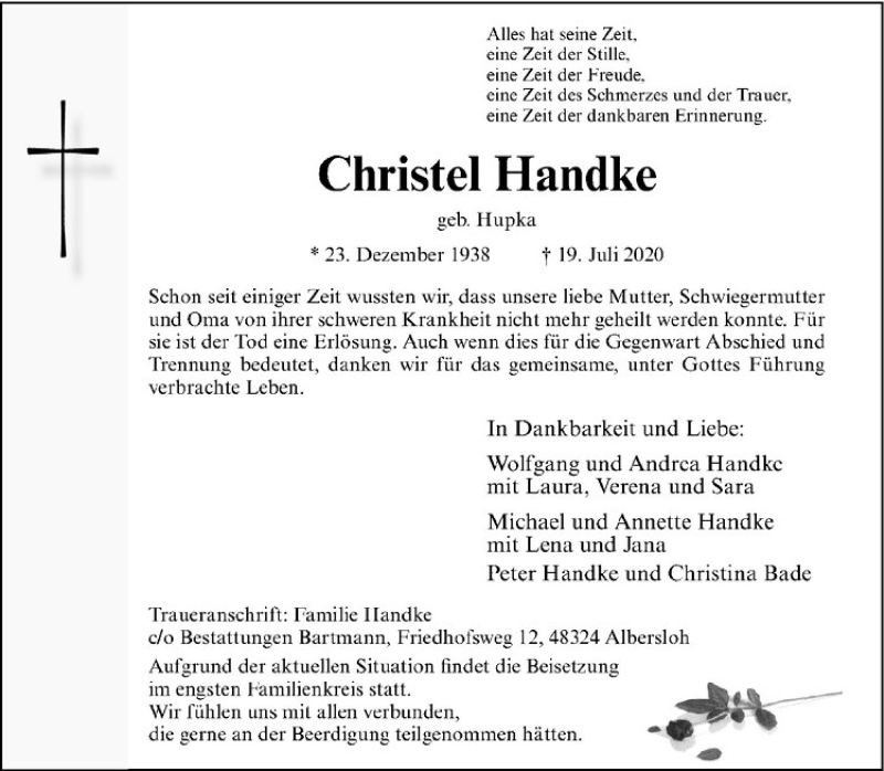  Traueranzeige für Christel Handke vom 22.07.2020 aus Westfälische Nachrichten