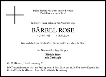 Anzeige von Bärbel Rose von Westfälische Nachrichten
