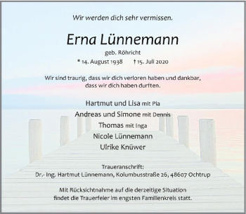Anzeige von Erna Lünnemann von Westfälische Nachrichten