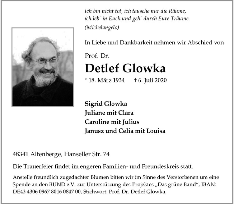  Traueranzeige für Detlef Glowka vom 11.07.2020 aus Westfälische Nachrichten