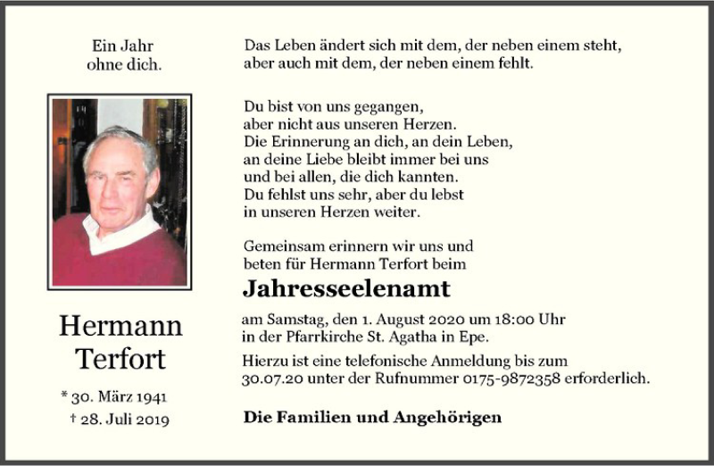  Traueranzeige für Hermann Terfort vom 22.07.2020 aus Westfälische Nachrichten