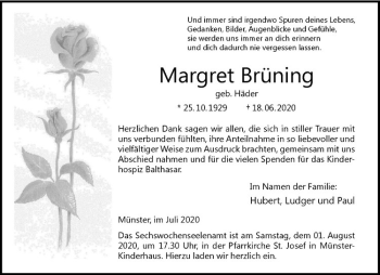 Anzeige von Margret Brüning von Westfälische Nachrichten