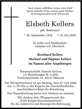Anzeige von Elsbeth Kellers von Westfälische Nachrichten