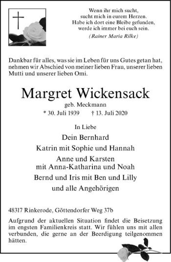 Anzeige von Margret Wickensack von Westfälische Nachrichten