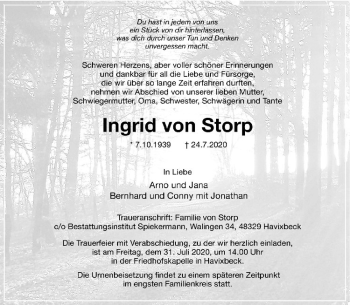 Anzeige von Ingrid von Storp von Westfälische Nachrichten