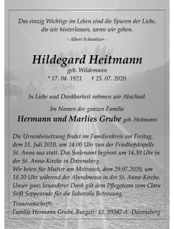 Anzeige von Hildegard Heitmann von Westfälische Nachrichten
