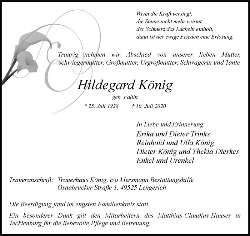  Traueranzeige für Hildegard König vom 18.07.2020 aus Westfälische Nachrichten