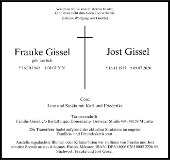 Anzeige von Frauke Gissel von Westfälische Nachrichten