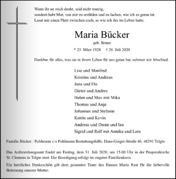 Anzeige von Maria Bücker von Westfälische Nachrichten