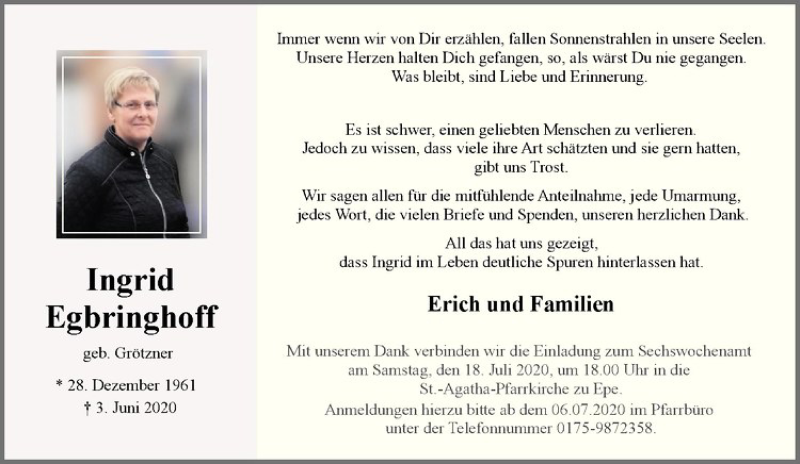  Traueranzeige für Ingrid Egberinghoff vom 11.07.2020 aus Westfälische Nachrichten