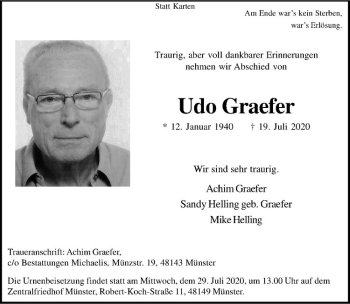 Anzeige von Udo Graefer von Westfälische Nachrichten
