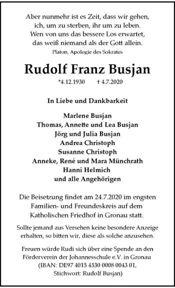 Anzeige von Rudolf Franz Busjan von Westfälische Nachrichten