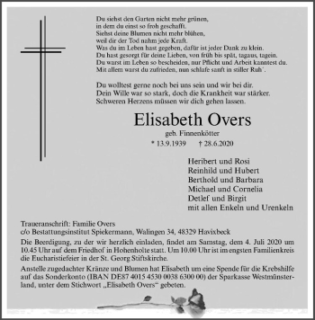 Anzeige von Elisabeth Overs von Westfälische Nachrichten