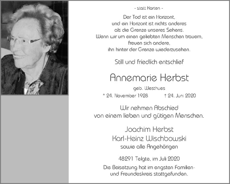  Traueranzeige für Annemarie Herbst vom 11.07.2020 aus Westfälische Nachrichten