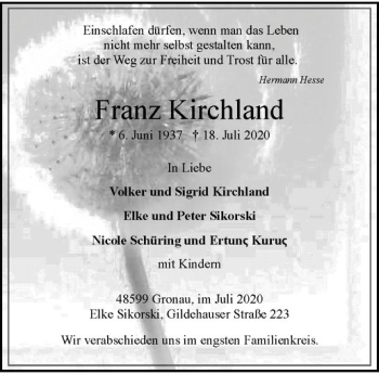 Anzeige von Franz Kirchland von Westfälische Nachrichten