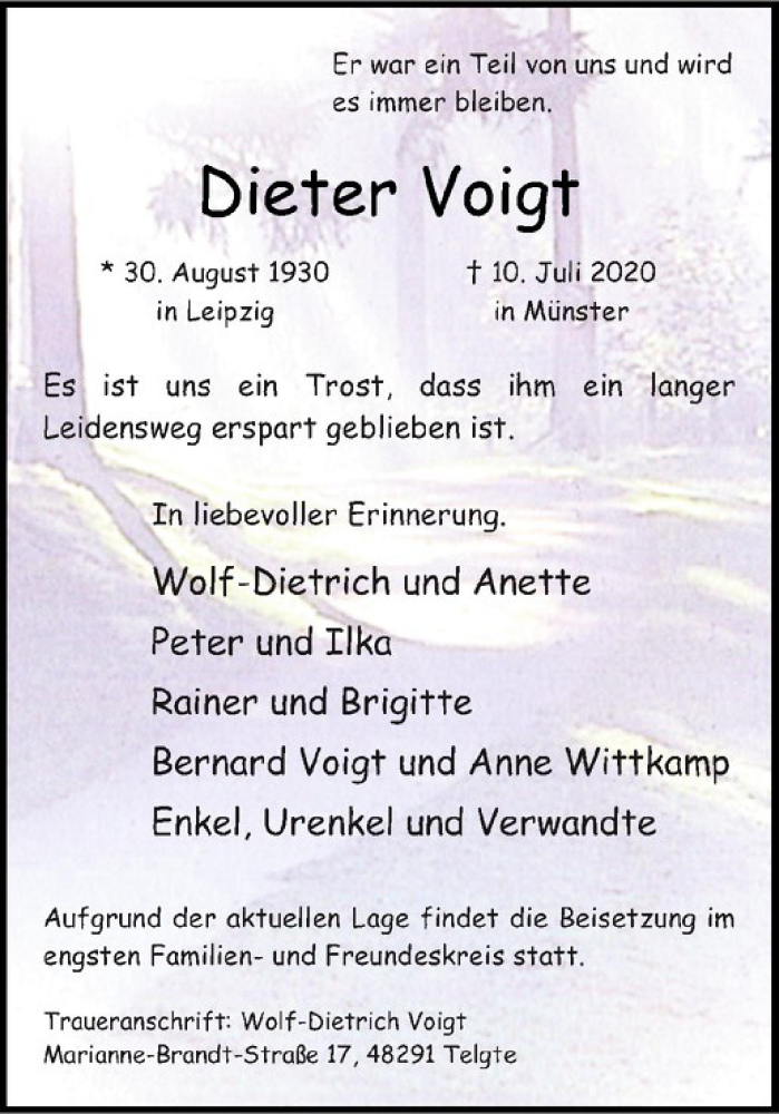  Traueranzeige für Dieter Voigt vom 18.07.2020 aus Westfälische Nachrichten