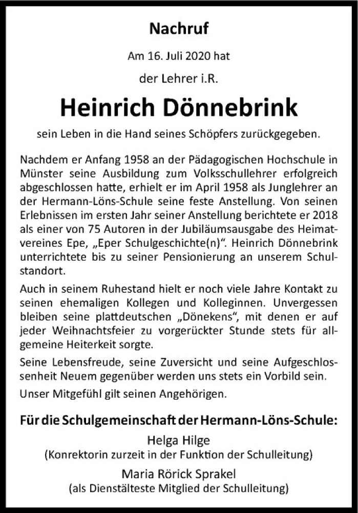 Traueranzeige für Heinrich Dönnebrink vom 31.07.2020 aus Westfälische Nachrichten