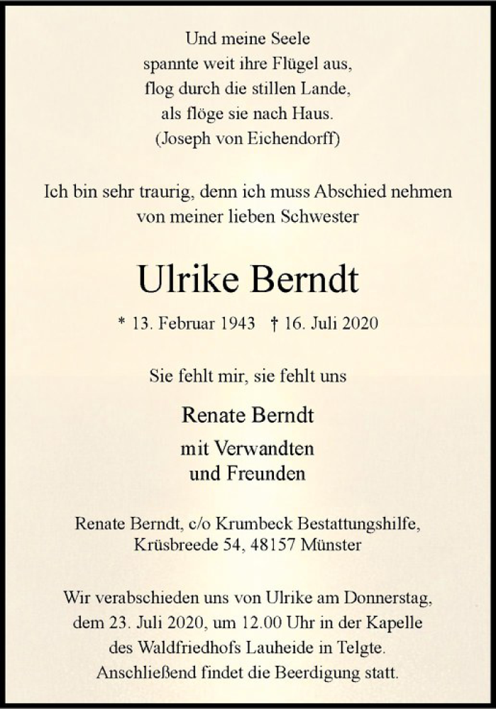  Traueranzeige für Ulrike Berndt vom 22.07.2020 aus Westfälische Nachrichten