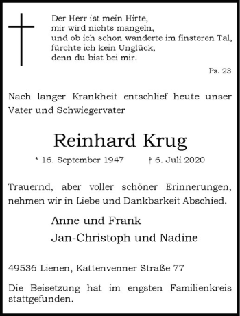 Anzeige von Reinhard Krug von Westfälische Nachrichten