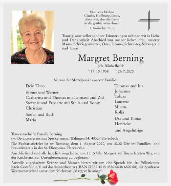 Anzeige von Margret Berning von Westfälische Nachrichten