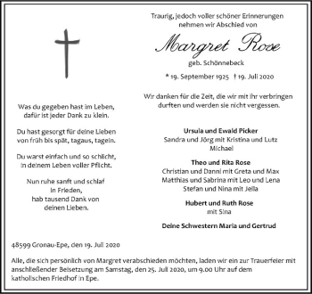 Anzeige von Margret Rose von Westfälische Nachrichten